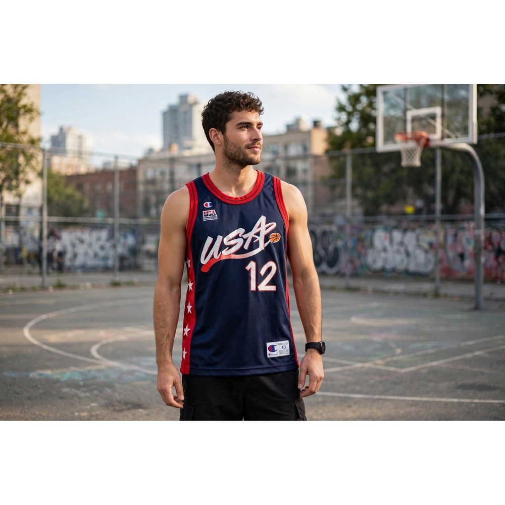 Vtg. Champion Mens 40 USA Jersey 90s Stockton 12 Basketball Navy Blue